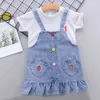 Krótki spódnica z krótkim rękawem dla dzieci Set Girl Lato Paski Koszulka + Pasek Cute Baby Clothing Suit 210515