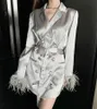 Women Black Gray Sash Button Long Sleeve Notch Collar Blazer Satin Double-breasted Solid C0318 210514