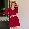 Elegante herfst winter vrouwen trui jurk warme casual vrouwelijke vaste stof gebreid een lijn v nek bordeaux gebreide 2021 jurken