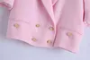 Été femmes doux Double boutonnage col cranté rose Tweed laine court Blazer manteau Vintage femme survêtement Chic hauts 210514