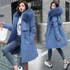 Women's Down Parkas 2021 코튼 라이너 파커 파카 패션 조절 가능한 허리 모피 칼라 겨울 자켓 여성 중간 긴 후드 코트