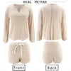 Autumn Women 2 Piece Set Sexy V Neck Long Sleeve Pullover Top And High Waist Drawstring Pocket Solid Shorts Ladies Loose Outfits 210526