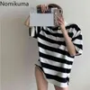 Nomikuma Drehen Unten Kragen Gestreiften T-shirt Frauen Kontrast Farbe Casual Lose Alle-spiel T-shirts Koreanische Stil Chic Tops tees 210514