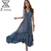 Women Dress V Neck Backless Printing Bohemian es Sleeveless Large Hem Beach Plus Size Maxi es Summer 210513