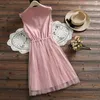 lace belt waist sleeveless women dresses summer two pieces of mesh pink blue elegant vestidos women knee dress 3518 50 210527