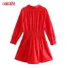 Tangada Jesień Moda Kobiety Czerwona Koszula Bawełniana Sukienka Długi Rękaw Panie Biurowe Mini Dress 2W109 210609