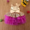 1-6Y enfant en bas âge bébé filles robe de soirée grand nœud papillon paillettes solide dentelle Tutu robe de princesse robe d'été 4 couleurs Q0716