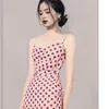 -Coming Spring Summer Holiday Dress Cross Spaghetti Strap Open Back Dot Beach Style Ankle-Length Women Dresses 210603