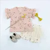 abito floreale in lino di cotone per bambine bambina camicetta estiva con maniche a volant per bambini camicia e pantaloncini set abbigliamento 210529