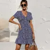 Sommer Damen Kleid Casual Kurzarm Tiefer V-Ausschnitt Floral Dot Print Sexy Mode Boho Stil A-Line Mini Femme 210526