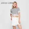 Jocoo Jolee Stripe T-shirt estiva da donna Casual Lady Top in pizzo T-shirt in cotone Scava fuori manica corta da donna Tee Top 210619