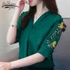 womens clothing summer blouses short sleeve floral embroidery chiffon women shirts v collar office 2040 50 210508