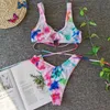 Colysmo Tie Dye Bikini Summer Cross Lace Up Maillots de bain Femmes Imprimé multicolore Brésilien Biquini Sexy Maillot de bain deux pièces 210527