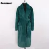 Nerazzurri Winter Long Green Warm Soft Loose Fluffy Faux Fur Coat Women Belt Lapel Elegant Luxury Designer Korean Fashion 211129