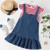 Mooie Kid Girl 2-Piece Flutter-Sleeve Stripe Print Denim Ruffled Jurk Suits 210528