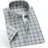 Sommar Kortärmad Män Casual T Shirts Business Regulate Fit Stretch Plaid Shirt för Mens Checkered Fritid Foral Comfortable 6XL 210809