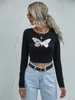 Slim Fashion Butterfly Printed Women T-Shirt Casual O-Neck Long Sleeve Women Sexy Short Tops W9221 210526