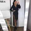 Kliou Zarif Maxi Elbise Kadın Klas Katı Seksi Yan Yarık Ince Gitmek Aşınma Etek Uzun Kollu Düşük V Yaka Kadın Vestido De Mujer Y1204