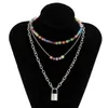 Bohemia Multilayer Colorful Transparent Beaded Letter Pendant Necklace for Woman Fashion Geometric Lock Chain Necklaces Jewelry