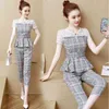 Summer Office Plaid Two Piece Sets Outfits Women Plus Size Lace Patchwork Tops With Belt And Cropped Pants Elegant Suits 210513