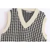 Stylish Chic Houndstooth Plaid Sleeveless Sweater Women Fashion V-Neck Pullovers Elegant Ladies Casual Jumpers 210520