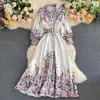 Spring Autumn Women's Long Dress Printed Sleeve Breasted Belt Sashes Retro Ethnic Style LL011 210506