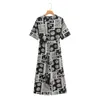 Women Fashion Round Neck Short Sleeve with Belt Rompers Vintage Black Print Loose Straight Chic Female Jumpsuit 210507