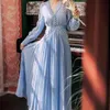 Vintage azul laço maxi vestidos mulher mulher v-decote noite vestidos alta cintura pista plissada longo outono 210603