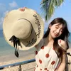 Strohhut mit breiter Krempe, Sommer, große Stickerei, Sonnenschutz, verstellbar, faltbar, Strandhüte für Damen 20214580058