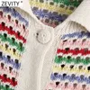 Zevity Women Rainbowストライププリント中空アウトかぎ針編みニットセーターコート女性シックブレストジャカードカーディガントップスSW803 210603