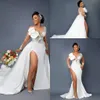 Arabiska Aso Ebi Mermaid Lace Kristaller Bröllopsklänningar Sheer Neck High Split Avtagbar Långärmad Afrikanska Nigerianska Bridal Klänningar