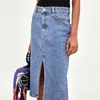 Women High Waisted Denim Skirt Split Midi Jeans Skirts Light Blue 210421