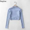 Neploe Woman Tshirts Fake Two-piece Long-sleeve Halter Neck Cropped Top Sexy Hollow Out Harajuku Shirts Short Korean Fashion Tee 210422