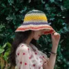 ファッションハンドメイドカラフルな縞模様の麦わら帽子夏の小さな新鮮な文学旅行太陽ワイドビーチ折りたたみ式ブリム帽子elob22