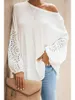 Vinter Mode Knitt Stitching Hollow Lace Lantern Långärmad Solid Färg Loose Slant Collar Off Shoulder Women T-Shirt 210819