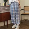 Kostki Spodnie Banded Kobiety Szeroko Leg Plaid Ladies High Paist Luźne Purpurowe Przyczynowe Harajuku 2021 Wiosna Letni Streetwear Spodnie Q0801