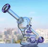 Nieuwe Clear Purple Blue Glass Bong Hookahs met Gaten Handgemaakte Hookah Dikte Base Damp Bent Tube Water Pipe 14mm Joint