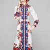 İlkbahar Yaz Sonbahar Moda Pist A-Line Gömlek Elbise kadın Uzun Kollu Rahat Çiçek Şerit Baskı Midi Zarif Elbiseler 210520