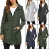 Women Wind Jacket Rain Coat Basic Style Zipper Pockets Long Sleeve Hooded Windbreaker Waterproof Hiking Outdoor Coat Plus Size 211014