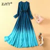 High Quality Women Spring Elegant Designers Long Sleeve Runway Gradient Color Prom Celebrity Party Maxi Dresses with Belt 210601