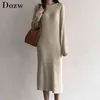 Women Knitted Long Dress Elegant Ladies O-neck Solid Sweater Autumn Winter Casual Knit Female Straight Soft Midi 210515