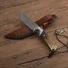 1Pcs High End Survival Straight Knife VG10 Damascus Steel Drop Point Blade Full Tang Horn + Steels Head Handle Fixed Blade Knives With Leather Sheath