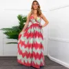 Mode sommar kvinnor boho maxi klänning baklöst ärmlös v nacke gradient randig utskrift kväll fest strand klänningar dam sundress 210522