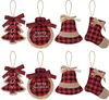 8 PCS Burlap Enfeites de Natal conjunto, engraçado original mini-xmas decorações de árvore, pequenas meias xadrez vermelhas / bola / árvore / sino