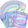 100 teile/los Aluminiumfolie Beutel Kunststoff Geruchssichere Beutel Wiederverschließbare Reißverschluss Paket Holographische Farbe Beutel mit Loch zum Aufhängen