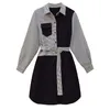Robe chemise pour femmes printemps col rabattu à manches longues pied-de-poule patchwork noir robes décontractées en vrac avec ceinture 210428