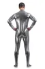 Męskie kostiumy ciała przednie długie zamek błyskawiczne srebrne szary lśniący lśniące lycra metalowe mężczyźni Catsuit strój kostiumowy bez ręki Halloween248i
