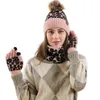 3 pcs Mulheres Inverno Pompom Beanie Chapéu Scarf Touch Screen Luvas Conjunto De Malha Quente Leopardo Imprimir Crânio Cap De Pelúcia Alinhado