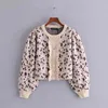 Femmes Mode O Cou Lanterne Manches Léopard Imprimer Casual Court Tricot Pull Femme Chic Volants Cardigan Tops 210531