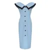 Elegant Sky Blue Women's Dress Sexig Fashion Strapless Knappar Bodycon Celebrity Evening Runway Party Midi 210527